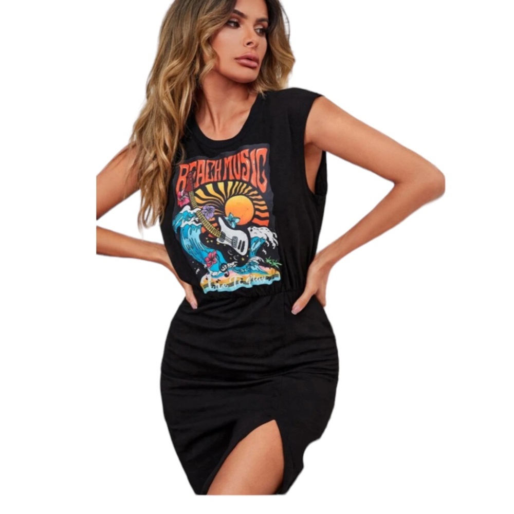 SHEIN Letter Graphic Print Split Thigh High Tee Shirt Dress Size 6 M BNWOT